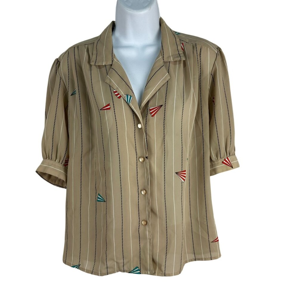 S.K. And Company Womens Short Sleeve Button-Down Top Size S Beige Striped Vintag